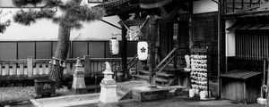 Preview wallpaper sanctuary, lanterns, tree, interior, bw