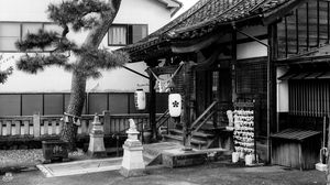 Preview wallpaper sanctuary, lanterns, tree, interior, bw