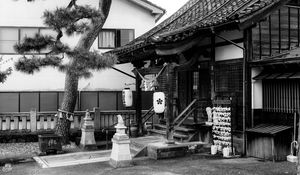 Preview wallpaper sanctuary, lanterns, tree, interior, bw