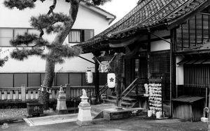 Preview wallpaper sanctuary, lanterns, tree, interior, bw
