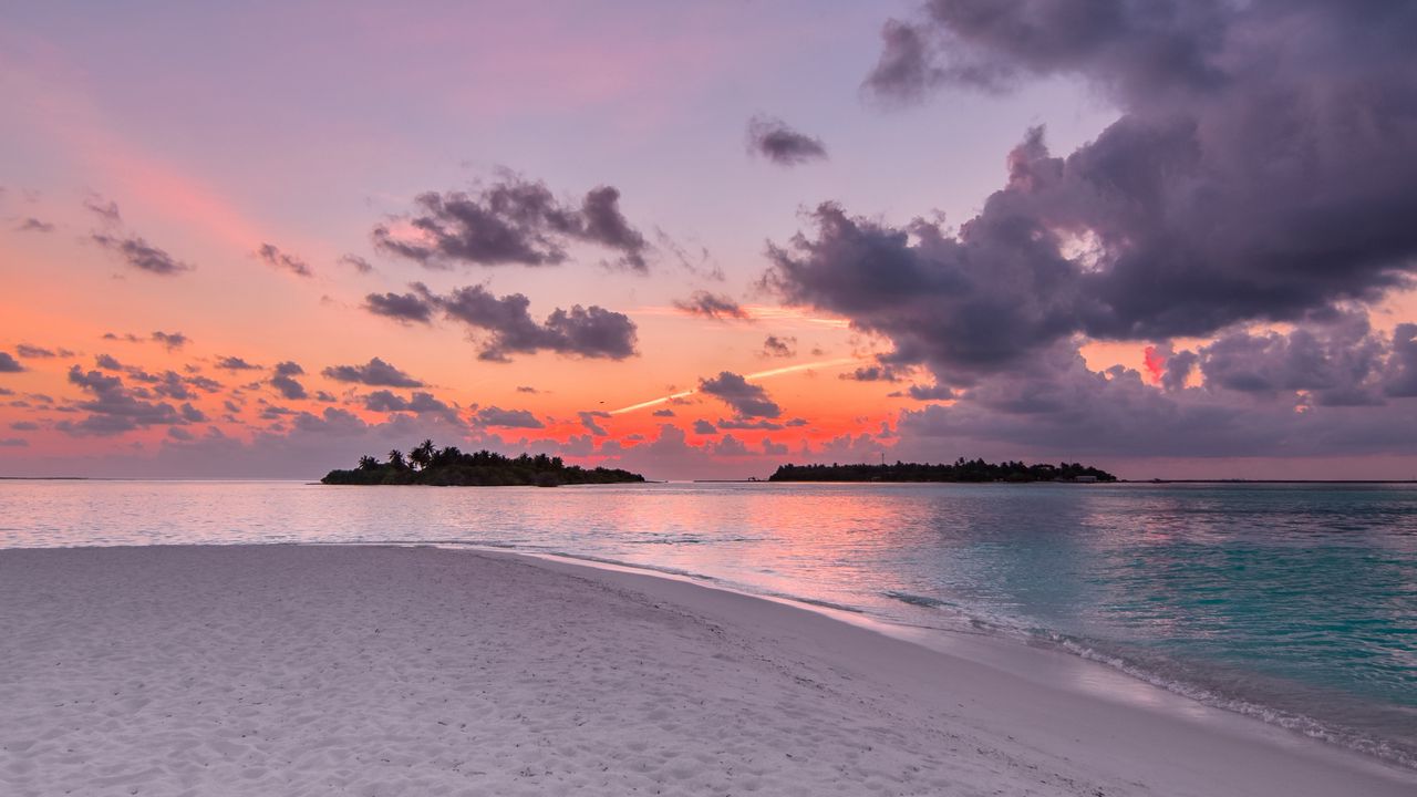 Wallpaper sand, beach, ocean, sunset, sky, horizon