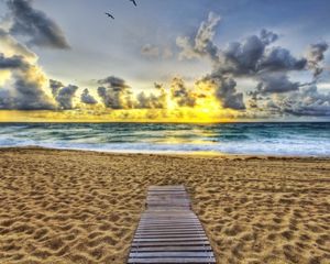 Preview wallpaper sand, coast, beach, evening, birds, decline, path