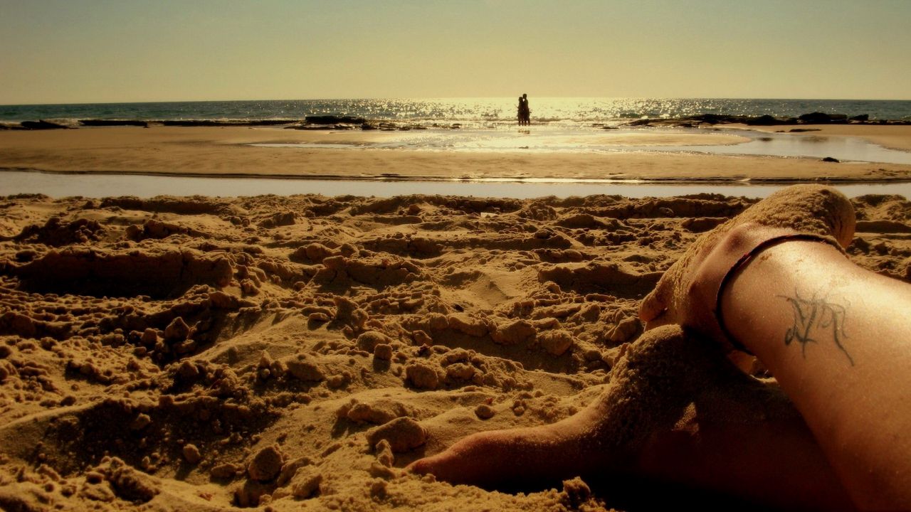 Wallpaper sand, coast, beach, feet, tattoo, pair, rest