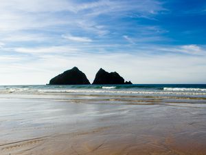 Preview wallpaper sand, coast, rocks, sea