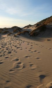 Preview wallpaper sand, hill, dunes, grass, traces