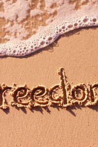 Preview wallpaper sand, inscription, freedom, beach, foam, water