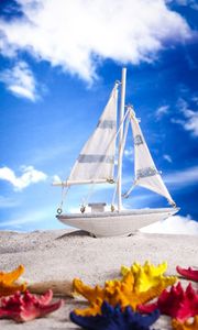 Preview wallpaper sand, layout, ship, lighthouse, sea stars, sky, clouds