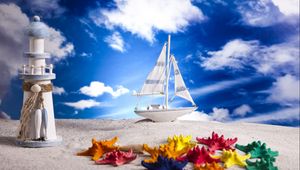 Preview wallpaper sand, layout, ship, lighthouse, sea stars, sky, clouds