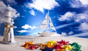 Preview wallpaper sand, layout, ship, lighthouse, sea stars, sky, clouds