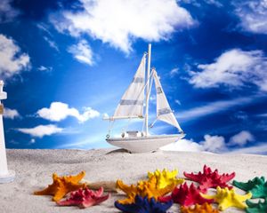 Preview wallpaper sand, layout, ship, lighthouse, sea stars, sky, clouds