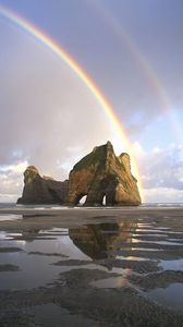 Preview wallpaper sand, rainbow, rocks, pools, water, new zealand