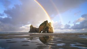 Preview wallpaper sand, rainbow, rocks, pools, water, new zealand