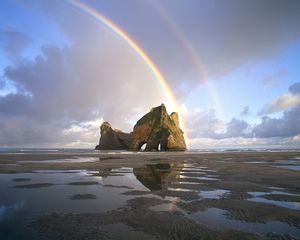 Preview wallpaper sand, rainbow, rocks, pools, water, new zealand