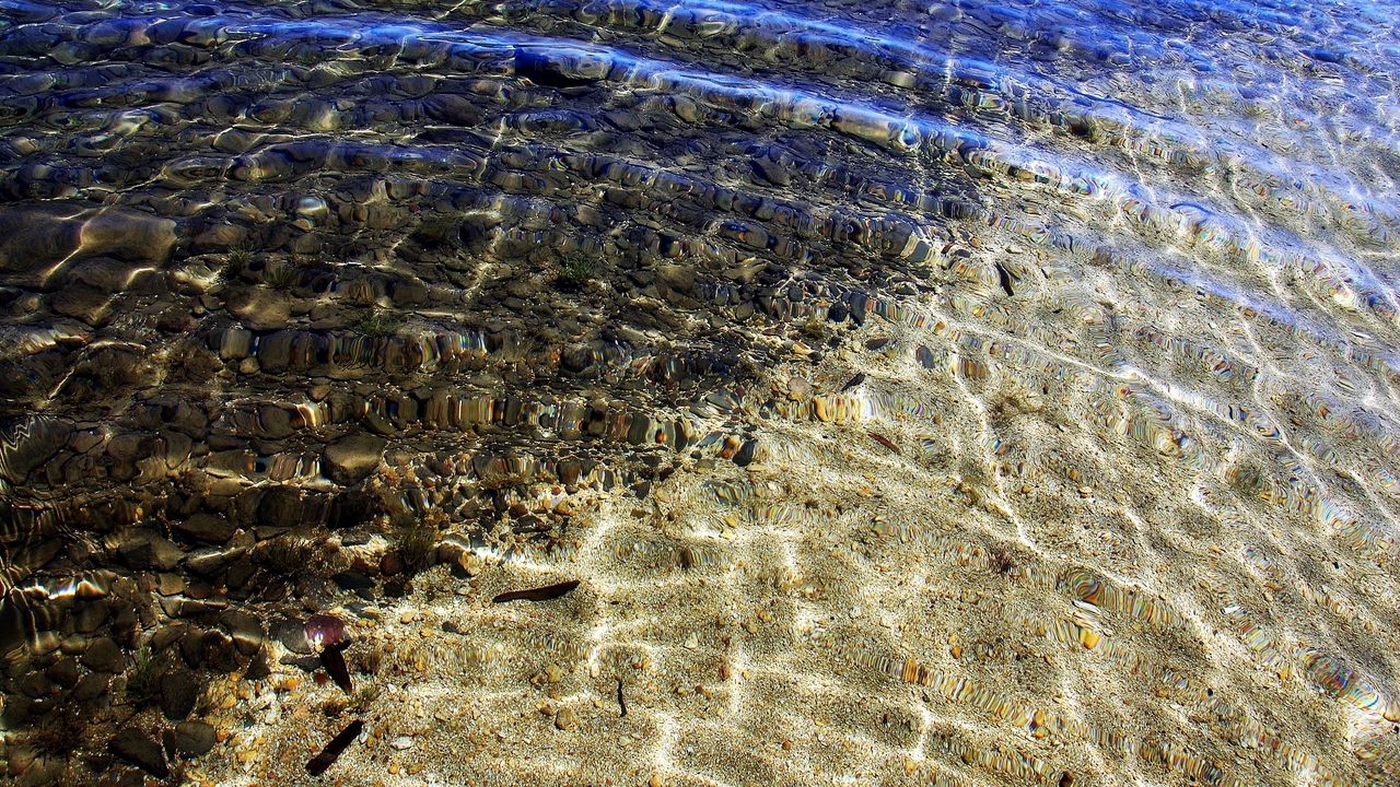 Wallpaper sand, stones, water, bottom, transparent, waves, stains