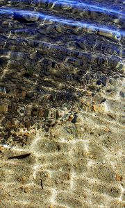 Preview wallpaper sand, stones, water, bottom, transparent, waves, stains