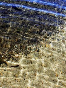 Preview wallpaper sand, stones, water, bottom, transparent, waves, stains