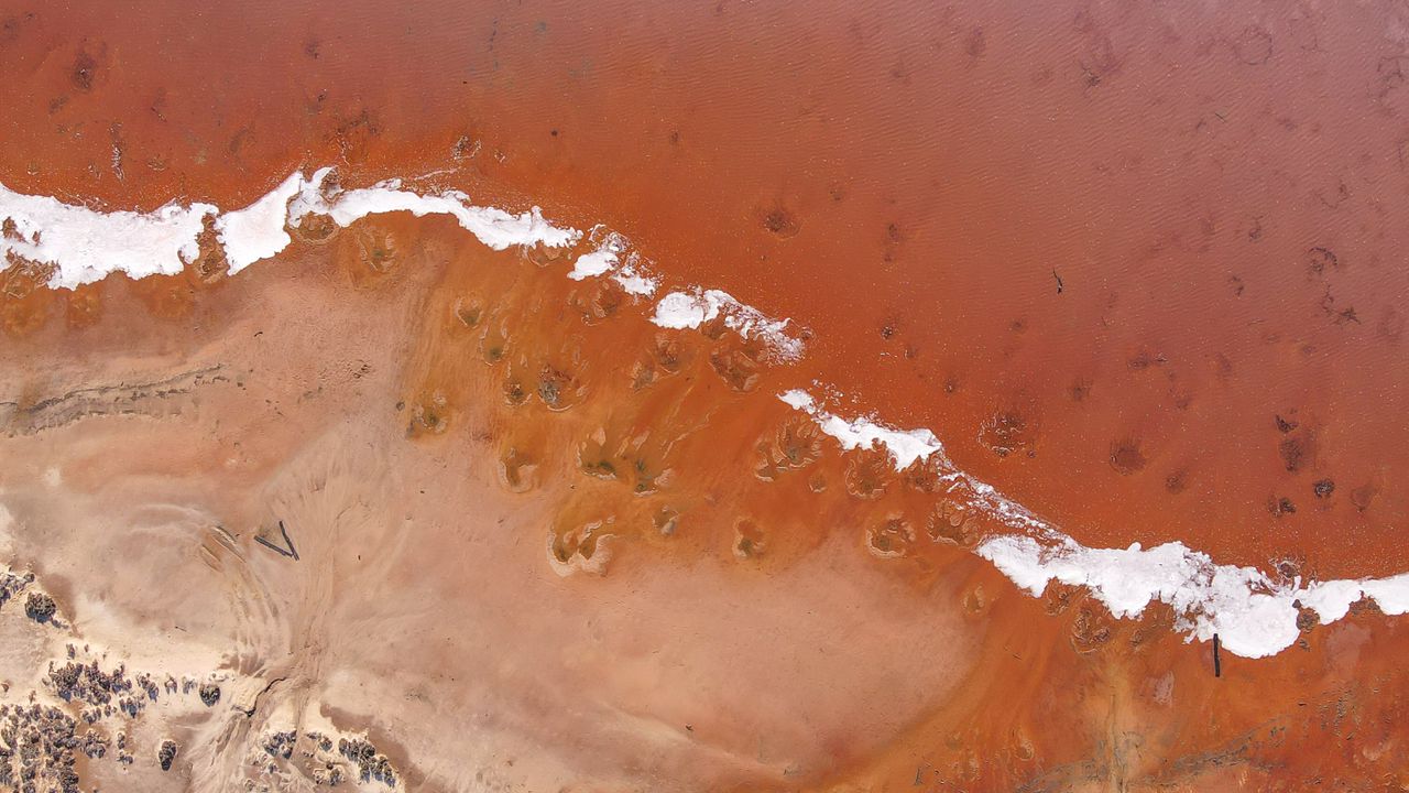 Wallpaper sand, waves, aerial view, sea, pink