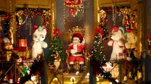 Preview wallpaper santa claus, chair, bears, toys, gifts, fencing, trees, ornaments, christmas