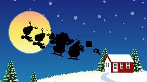 Preview wallpaper santa claus, christmas, sleigh, flying, moon, house, tree