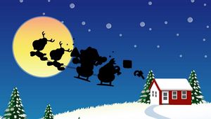 Preview wallpaper santa claus, christmas, sleigh, flying, moon, house, tree