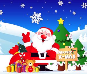Preview wallpaper santa claus, gifts, christmas trees, snowflakes, road