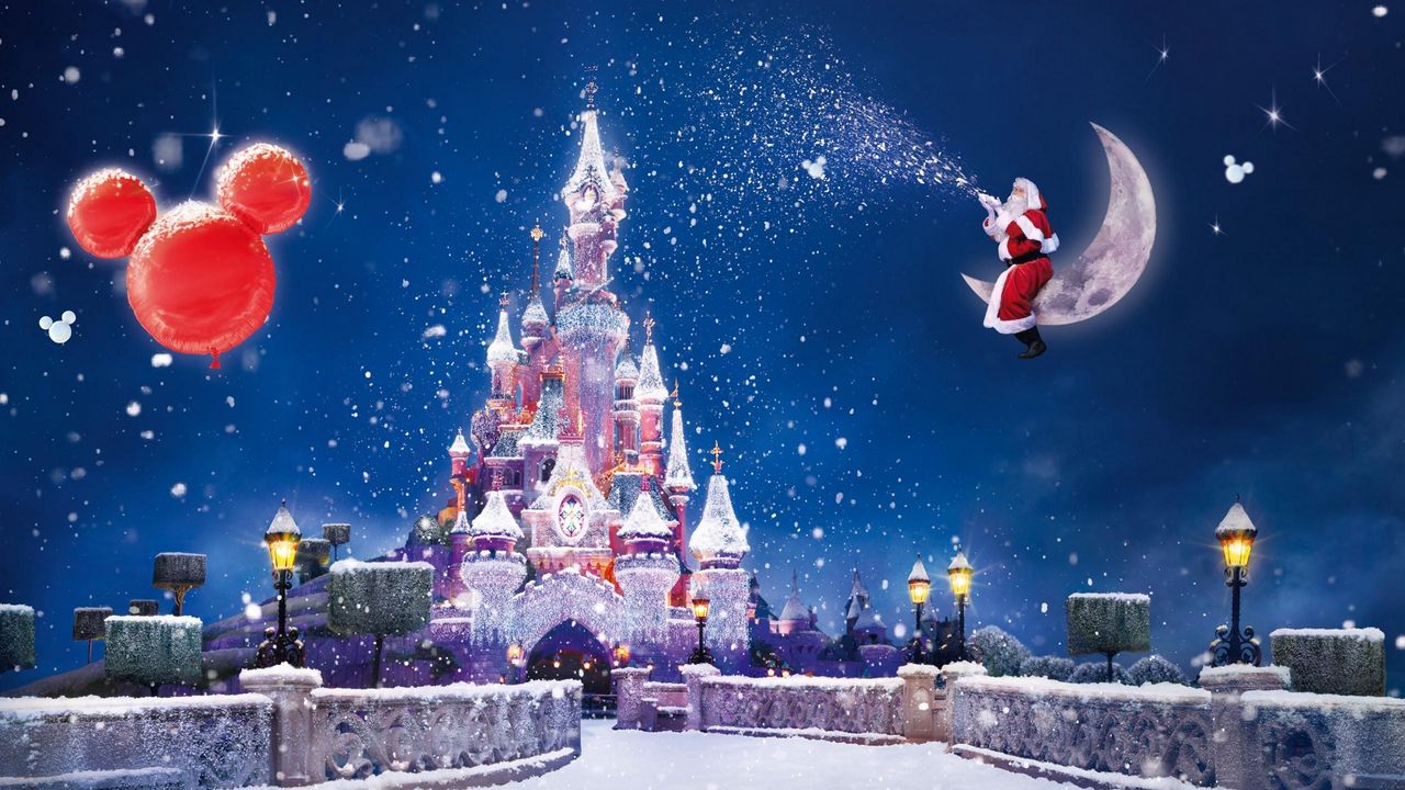 Wallpaper santa claus, magic, moon, snow, castle, balloons, holiday, christmas