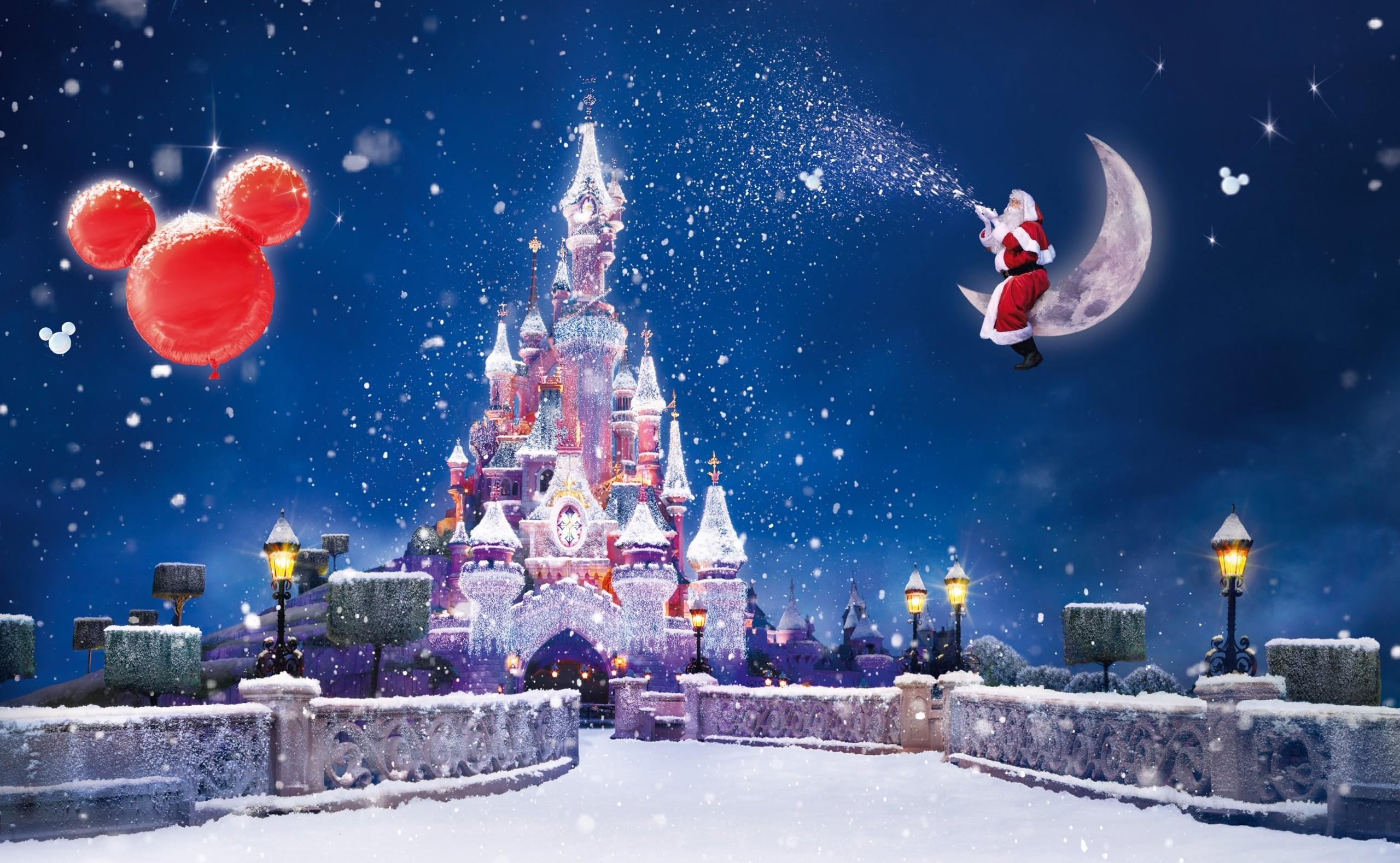 2560x1580 Wallpaper santa claus, magic, moon, snow, castle, balloons, holiday, christmas