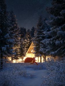 Preview wallpaper santa claus, new year, christmas, house, forest, snow