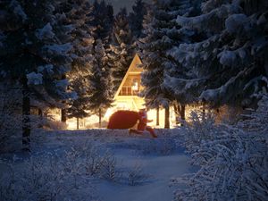 Preview wallpaper santa claus, new year, christmas, house, forest, snow