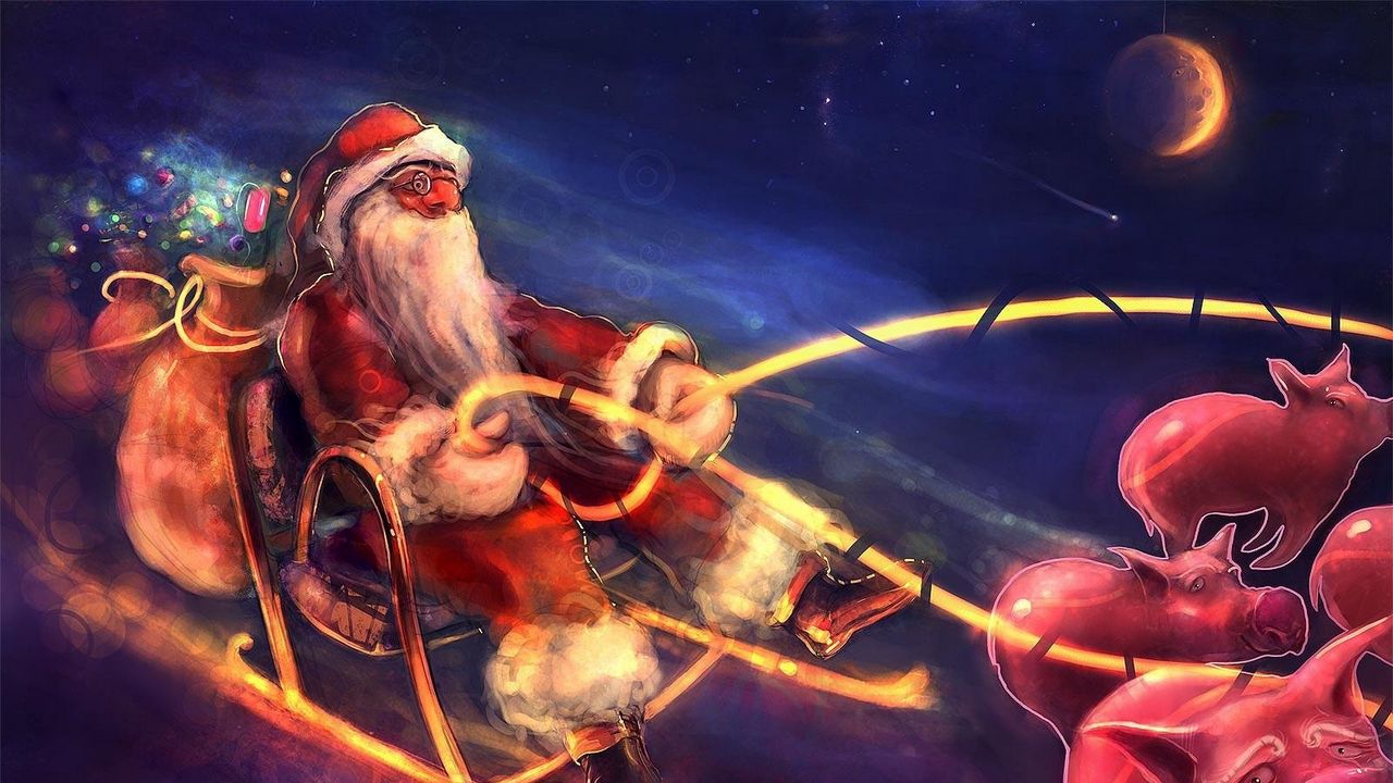 Wallpaper santa claus, night, christmas, gifts, pigs, sleds, flying