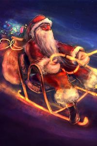 Preview wallpaper santa claus, night, christmas, gifts, pigs, sleds, flying