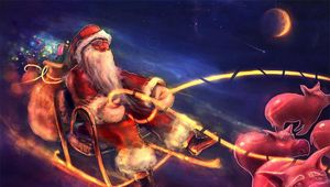 Preview wallpaper santa claus, night, christmas, gifts, pigs, sleds, flying