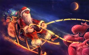 Preview wallpaper santa claus, night, christmas, gifts, pigs, sleds, flying