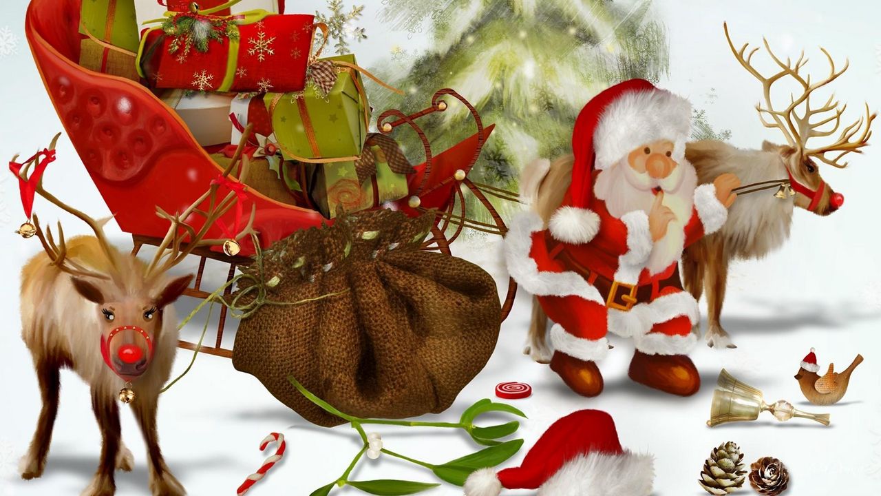 Wallpaper santa claus, reindeer, gifts, bag, christmas tree, bumps, bird