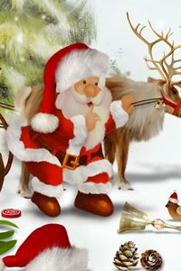 Preview wallpaper santa claus, reindeer, gifts, bag, christmas tree, bumps, bird