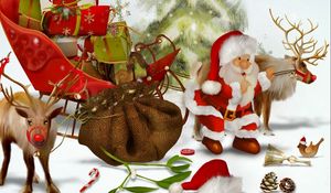 Preview wallpaper santa claus, reindeer, gifts, bag, christmas tree, bumps, bird