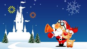 Preview wallpaper santa claus, reindeer, horn, castle, christmas trees, christmas, holiday