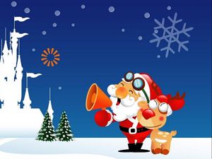 Preview wallpaper santa claus, reindeer, horn, castle, christmas trees, christmas, holiday