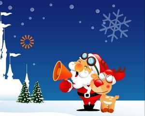 Preview wallpaper santa claus, reindeer, horn, castle, christmas trees, christmas, holiday