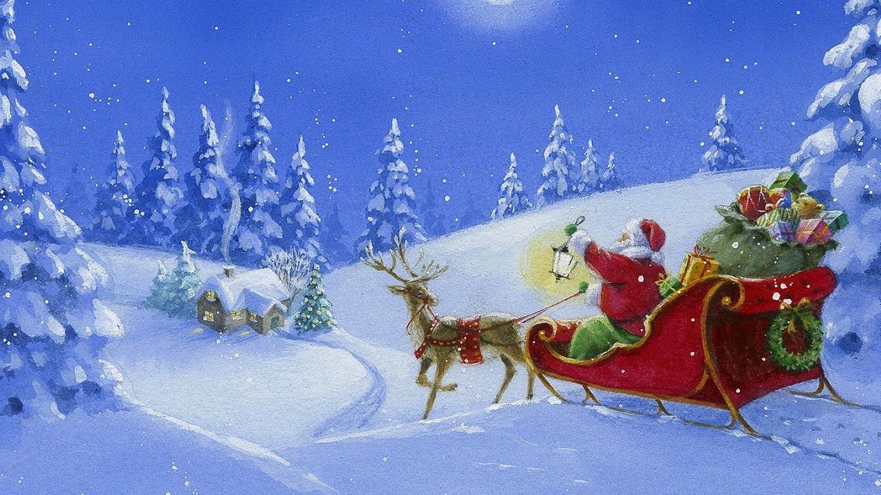 Wallpaper santa claus, reindeer, sleigh, gifts, wood, light, house, night, moon