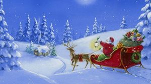 Preview wallpaper santa claus, reindeer, sleigh, gifts, wood, light, house, night, moon
