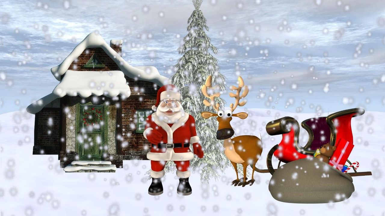 Wallpaper santa claus, reindeer, sleigh, gifts, home, snow, tree