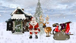 Preview wallpaper santa claus, reindeer, sleigh, gifts, home, snow, tree