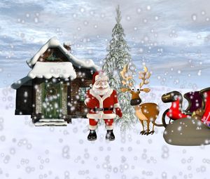 Preview wallpaper santa claus, reindeer, sleigh, gifts, home, snow, tree