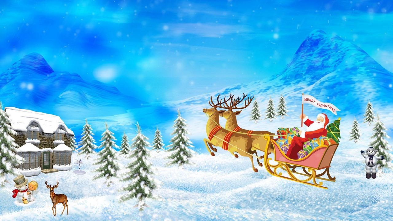 Wallpaper santa claus, reindeer, sleigh, presents, christmas, holiday, house, mountain