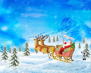 Preview wallpaper santa claus, reindeer, sleigh, presents, christmas, holiday, house, mountain