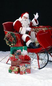 Preview wallpaper santa claus, reindeer, sleigh, bag, gifts, snow