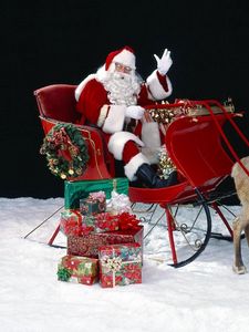 Preview wallpaper santa claus, reindeer, sleigh, bag, gifts, snow