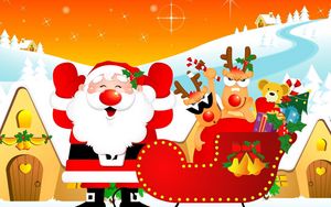 Preview wallpaper santa claus, reindeer, sleigh, gifts, home, holiday, christmas