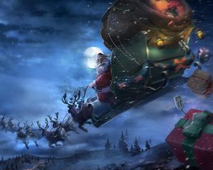 Preview wallpaper santa claus, reindeer, sleigh, flying, gifts, christmas